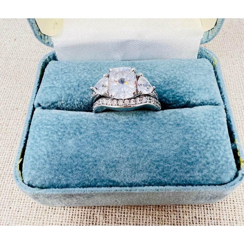 QVC Sterling Silver Cushion Cut 3 Stone CZ Wedding Ring Set size 6